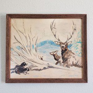 Vintage Deer Racoon Watercolor Painting Framed
